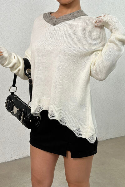 Distressed V-Neck Dropped Shoulder Sweater |1mrk.com