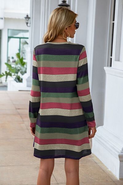 Striped Round Neck Long Sleeve Dress |1mrk.com