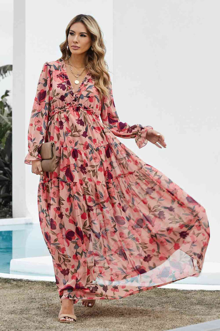 Floral Frill Trim Flounce Sleeve Plunge Maxi Dress | 1mrk.com