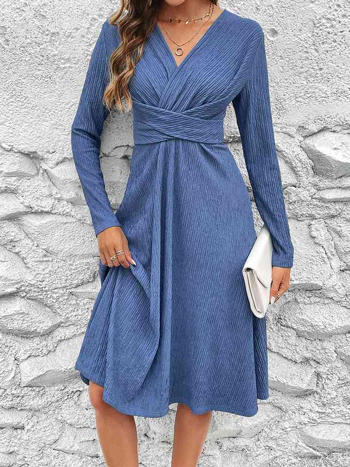 Crisscross Surplice Neck Long Sleeve Dress |1mrk.com