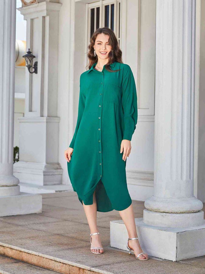 Collared Neck Long Sleeve Midi Shirt Dress |1mrk.com