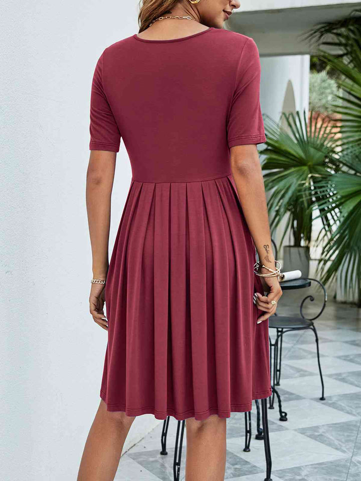 Pleated V-Neck Short Sleeve Tee Dress |1mrk.com