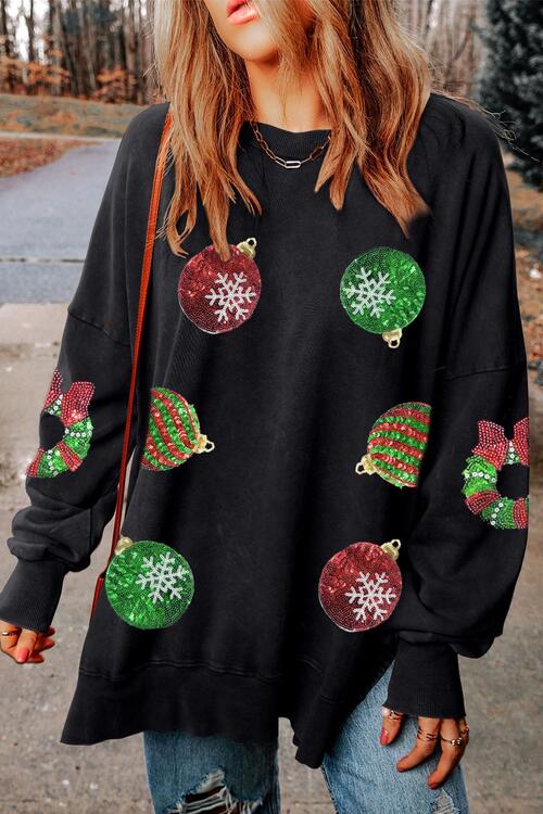 Sequin Christmas Element Round Neck Slit Sweatshirt |1mrk.com