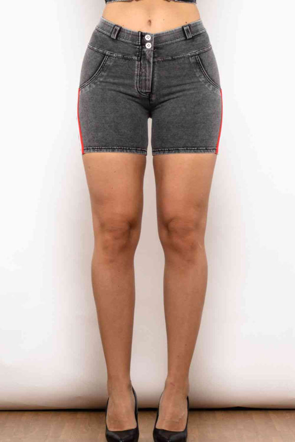 Full Size Side Stripe Buttoned Denim Shorts | 1mrk.com