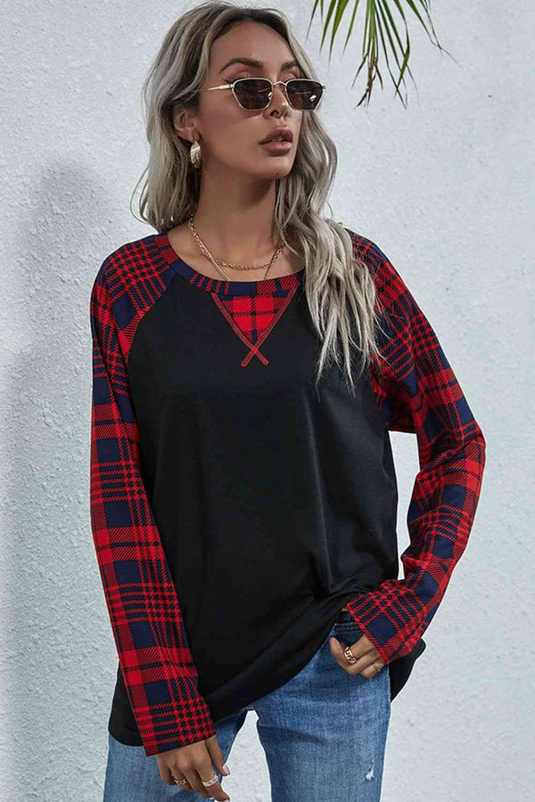 Double Take Plaid Print Long Raglan Sleeve Tee | 1mrk.com