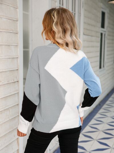 Color Block Round Neck Dropped Shoulder Sweater |1mrk.com