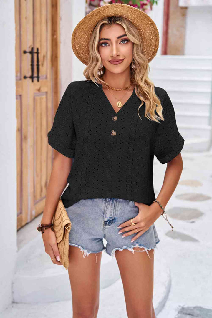 Buttoned Notched Neck Eyelet Top | 1mrk.com