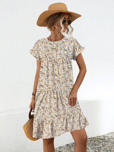 Frill Floral Round Neck Short Sleeve Tiered Dress |1mrk.com