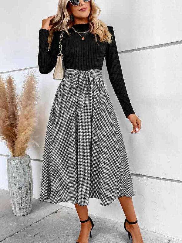 Ribbed Round Neck Long Sleeve Tie Waist Midi Dress | 1mrk.com