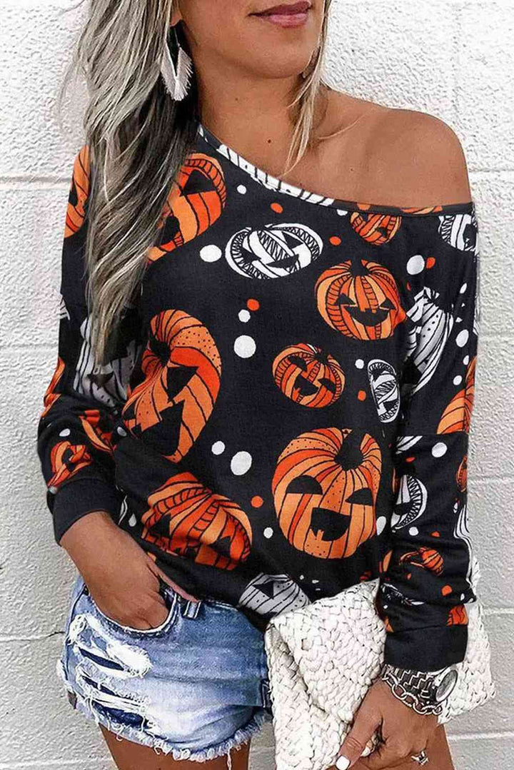 One Shoulder Jack-O'-Lantern Graphic Sweatshirt |1mrk.com