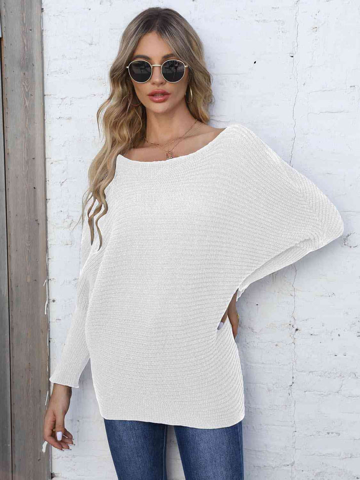 Full Size Horizontal Ribbing Dolman Sleeve Sweater |1mrk.com