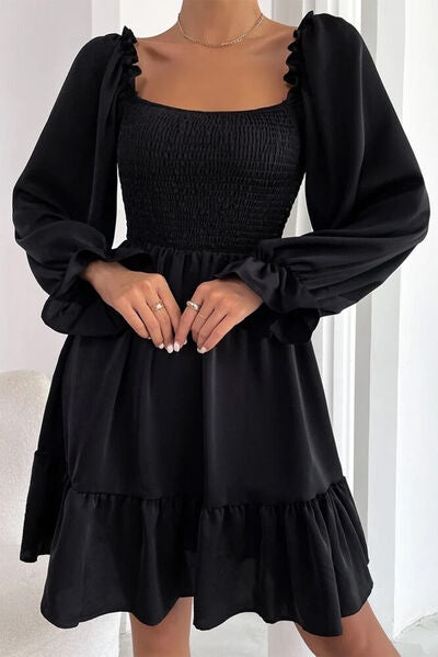 Smocked Square Neck Flounce Sleeve Mini Dress |1mrk.com