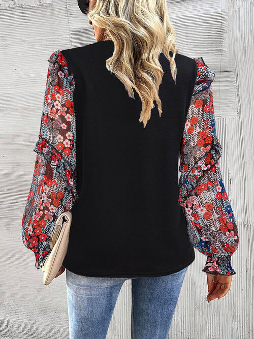 Round Neck Contrasting Color Printed Lantern Sleeve Top | 1mrk.com