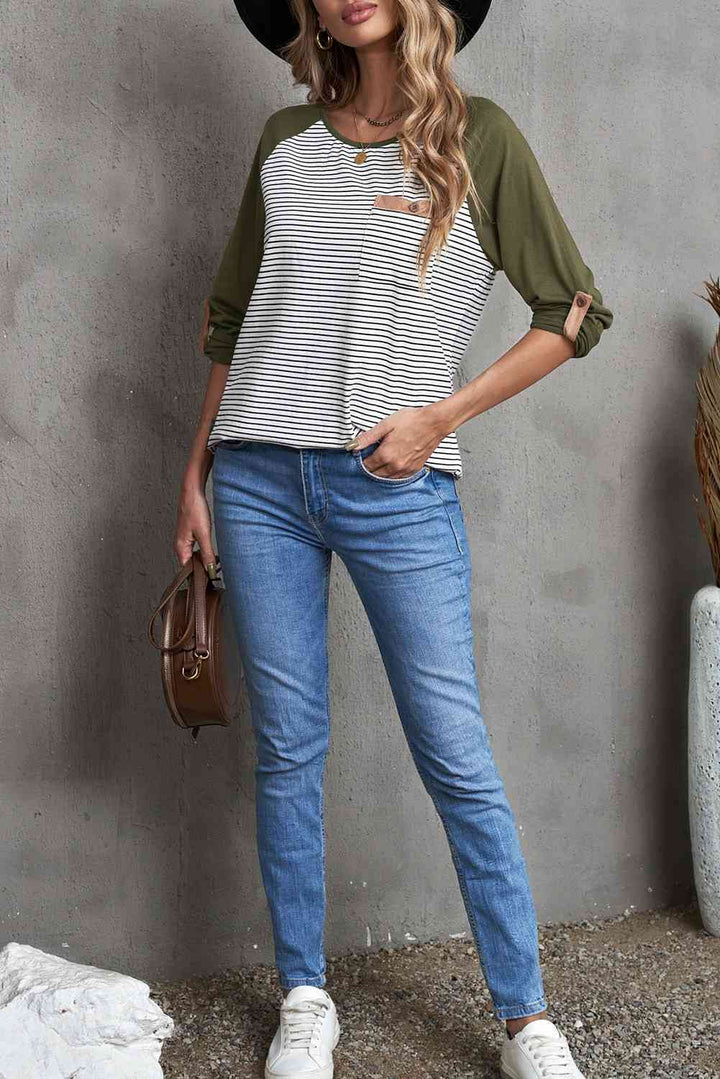 Striped Color Block Roll-Tab Sleeve Top | 1mrk.com