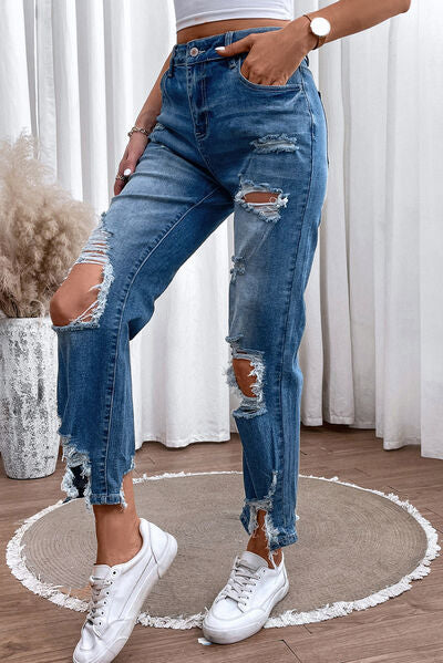 Distressed Raw Hem Straight Jeans | 1mrk.com