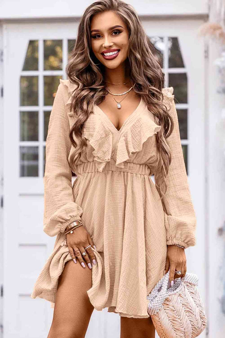 Ruffle Trim V-Neck Long Sleeve Mini Dress | 1mrk.com