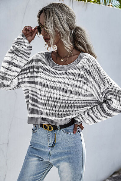 Striped Round Neck Dropped Shoulder Sweater | Trendsi