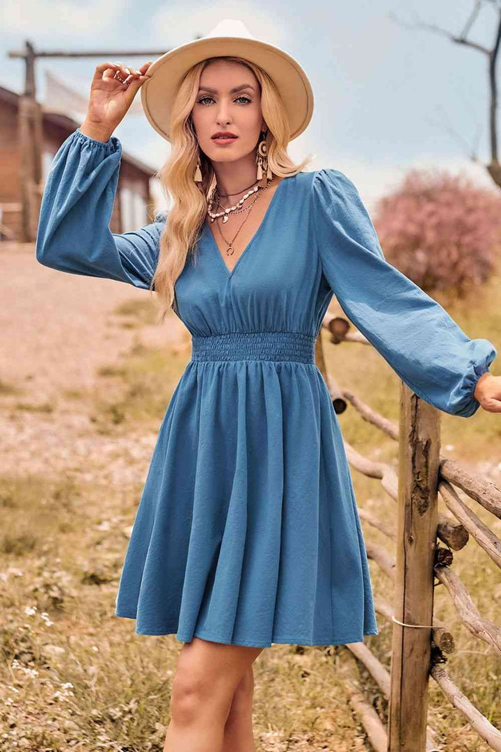 V-Neck Long Sleeve Smocked Waist Mini Dress |1mrk.com