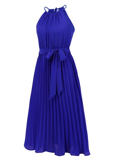 Pleated Spaghetti Strap Tie Waist Midi Dress |1mrk.com