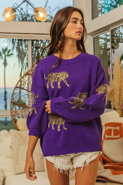 BiBi Tiger Pattern Long Sleeve Sweater | Trendsi