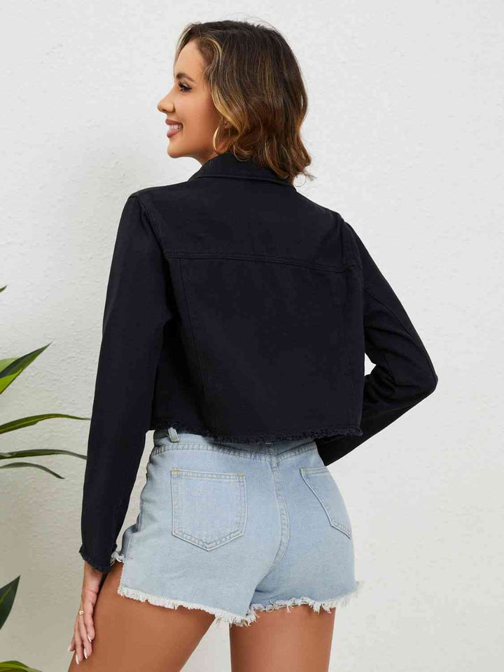 Collared Neck Raw Hem Denim Jacket | 1mrk.com