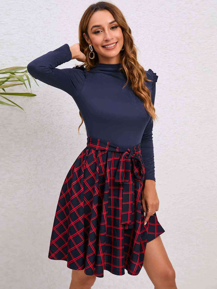 Plaid Tie Waist Ruffle Shoulder Dress |1mrk.com