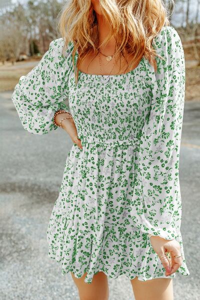 Smocked Floral Square Neck Balloon Sleeve Dress |1mrk.com