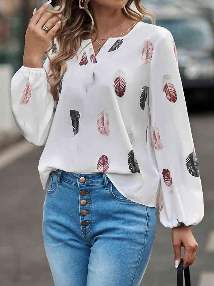 Printed Notched Neck Long Sleeve Blouse | 1mrk.com