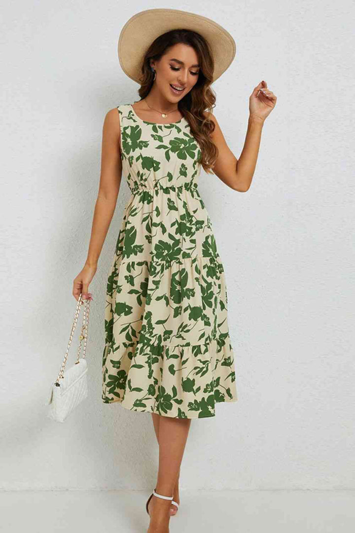 Floral Round Neck Tiered Sleeveless Dress |1mrk.com