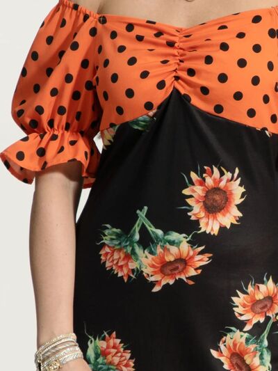 Ruched Polka Dot Flounce Sleeve Dress |1mrk.com