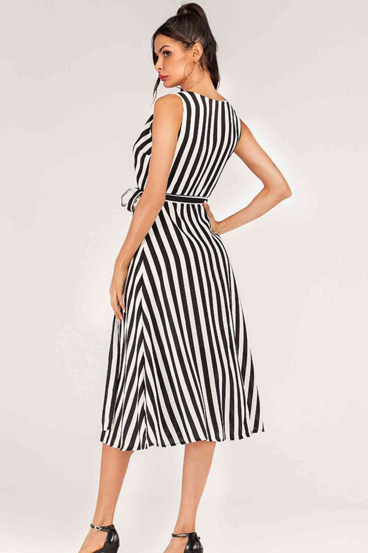 Striped Surplice Tied Sleeveless Dress |1mrk.com