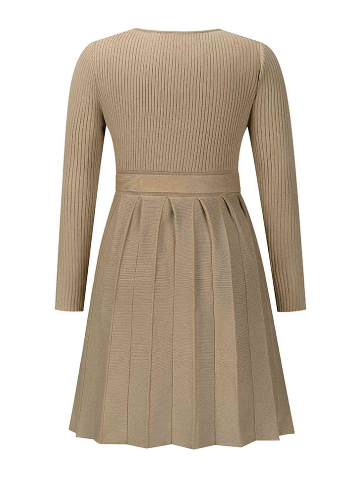 Surplice Neck Tie Front Pleated Sweater Dress | 1mrk.com