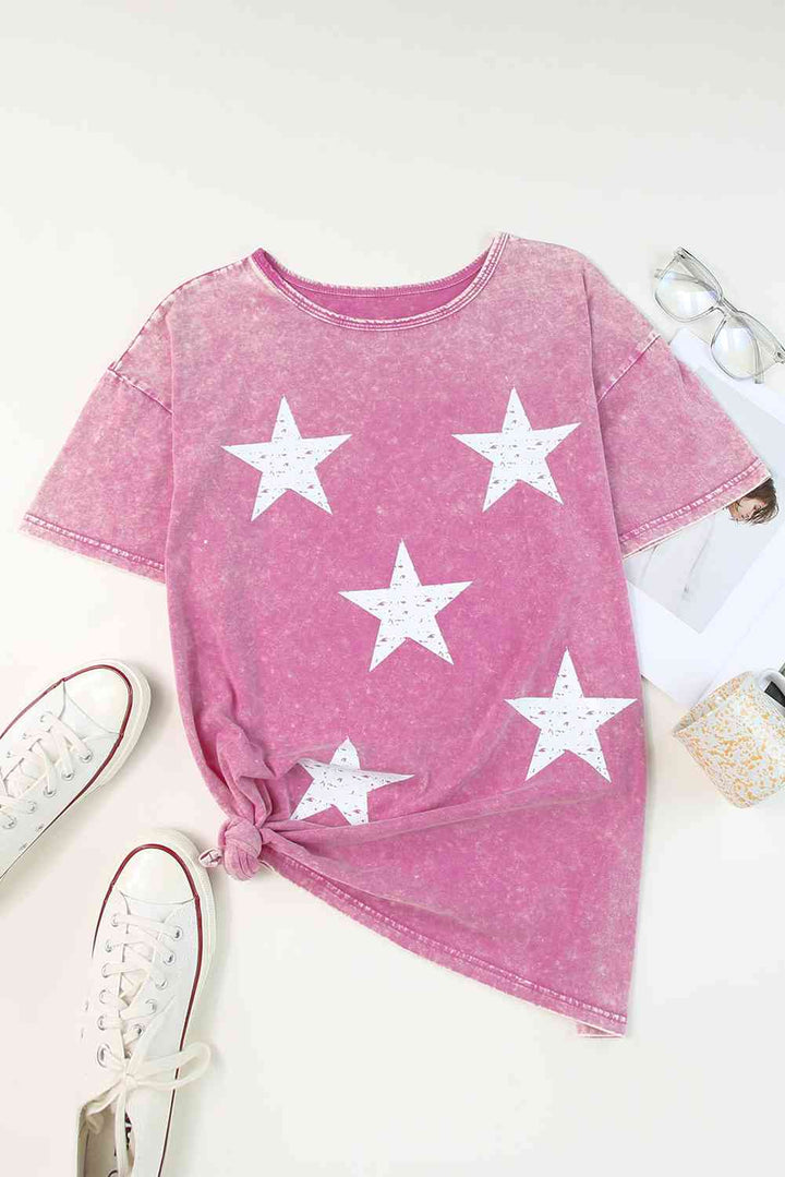 Mineral Wash Star Print Dropped Shoulder Tunic T-Shirt | 1mrk.com