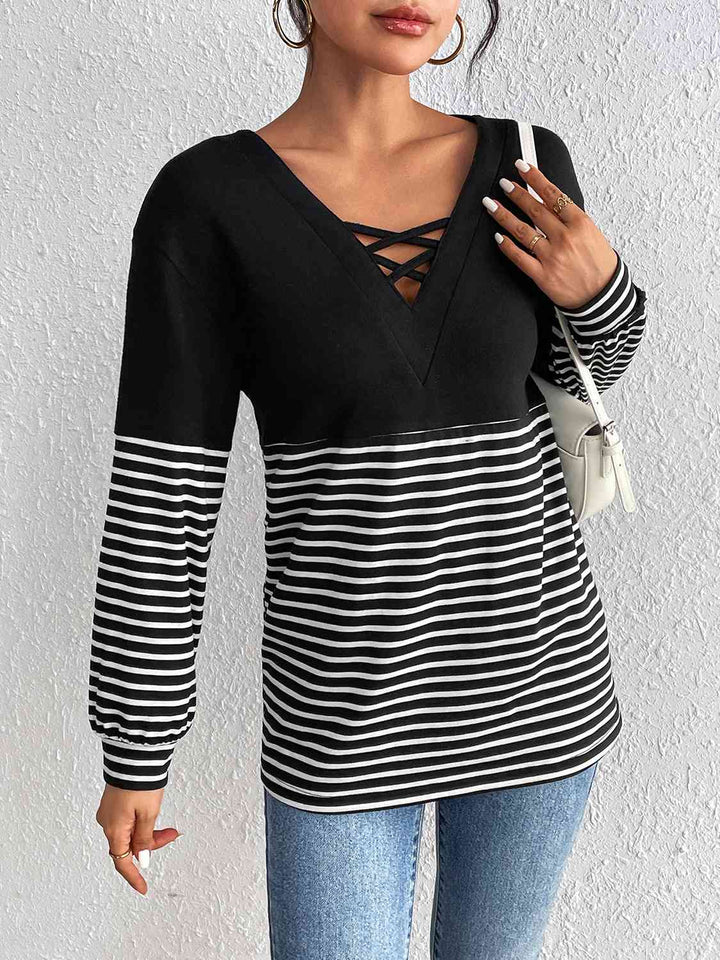 Striped Crisscross V-Neck Long Sleeve T-Shirt | 1mrk.com