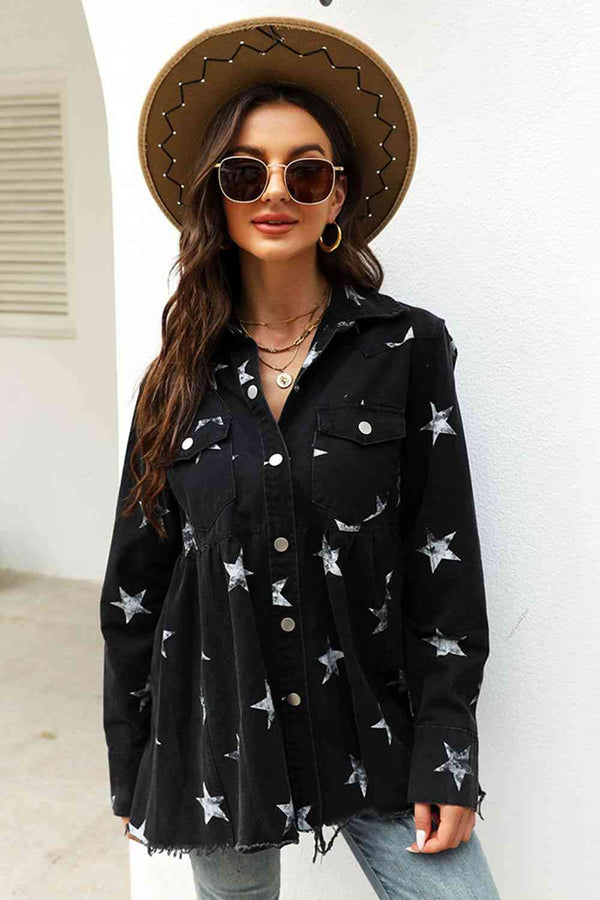 Collared Neck Star Print Long Sleeve Denim Jacket | 1mrk.com