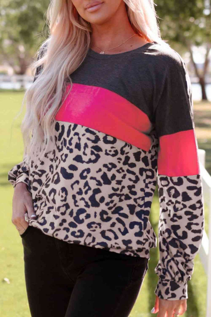 Leopard Print Color Block Long-Sleeve Top |1mrk.com