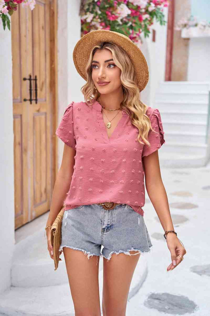 Swiss Dot Petal Sleeve Notched Top | 1mrk.com