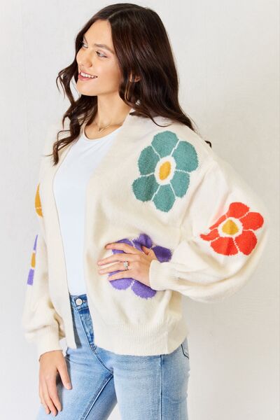 J.NNA Open Front Flower Pattern Long Sleeve Sweater Cardigan | Trendsi