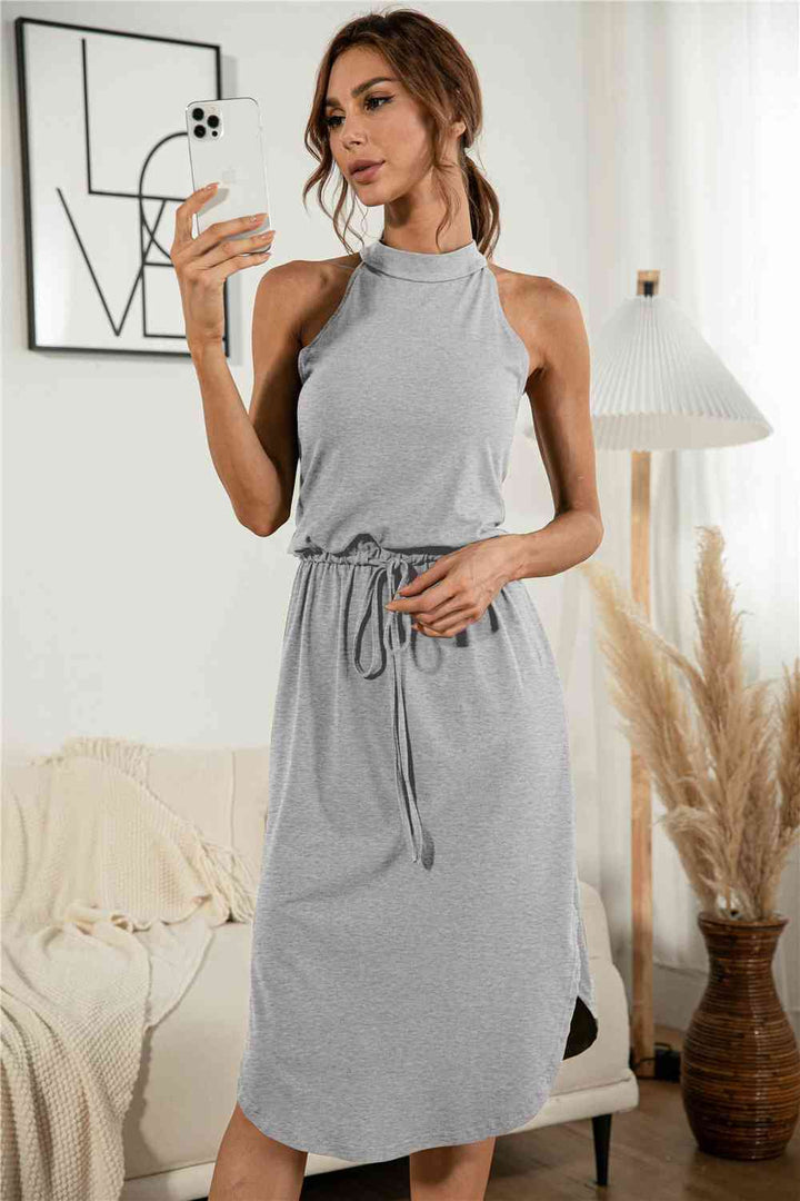 Drawstring Open Back Slit Sleeveless Dress |1mrk.com