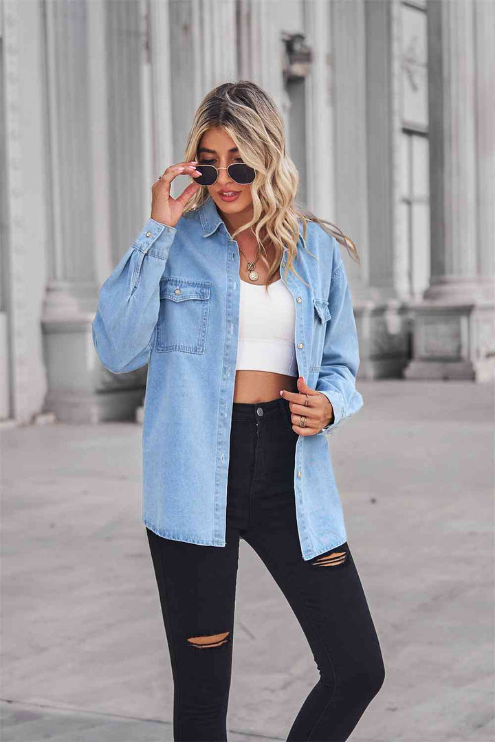 Collared Neck Dropped Shoulder Denim Top | 1mrk.com