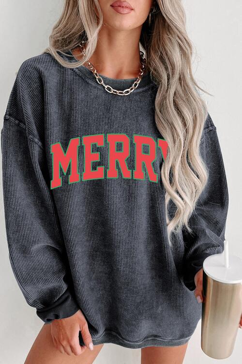 MERRY Ribbed Round Neck Long Sleeve Sweatshirt |1mrk.com