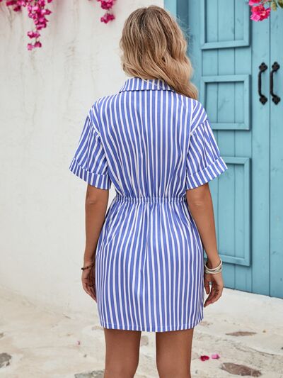 Striped Half Button Short Sleeve Midi Dress | Trendsi