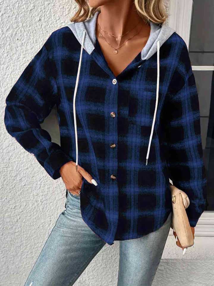 Plaid Drawstring Button Up Hooded Jacket |1mrk.com