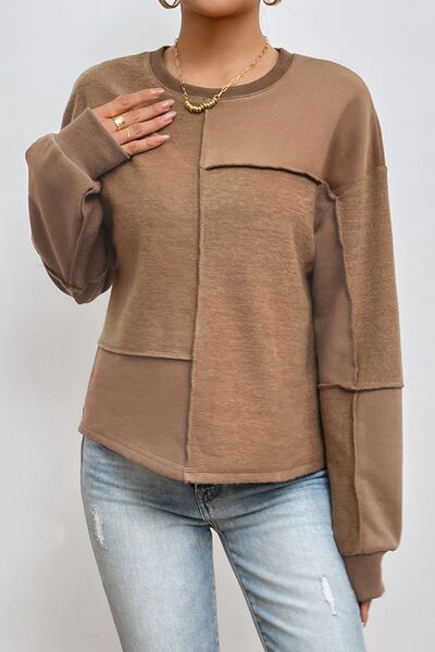 Exposed Seam Round Neck Long Sleeve Sweatshirt |1mrk.com