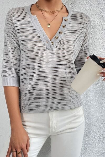 Openwork Half Button Dropped Shoulder Knit Top |1mrk.com