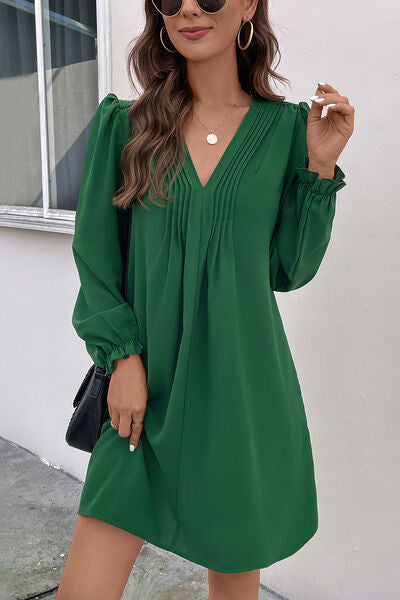 Ruched V-Neck Flounce Sleeve Dress |1mrk.com