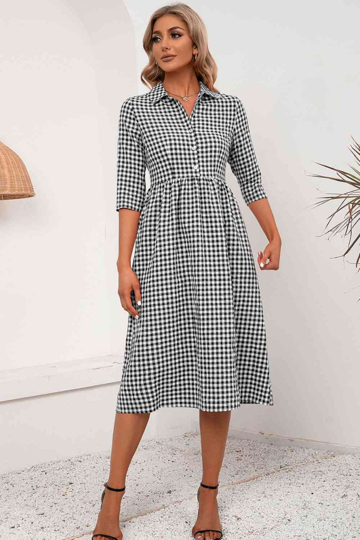 Plaid Collared Neck Midi Dress |1mrk.com