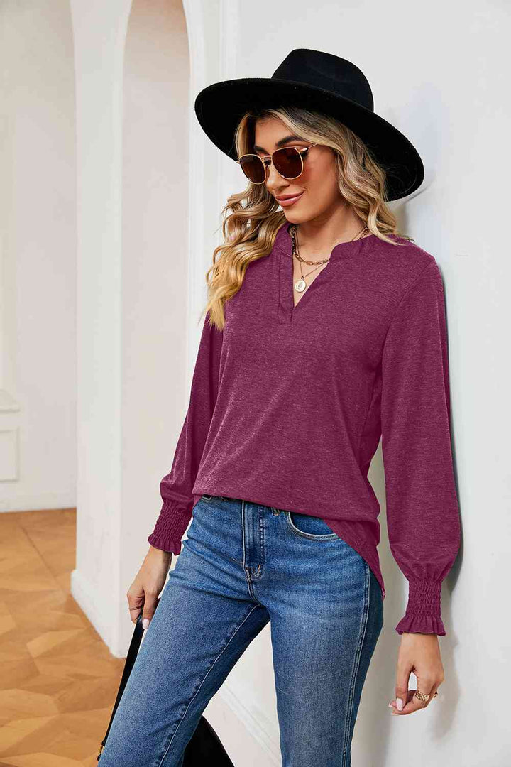 Notched Neck Long Sleeve Blouse | 1mrk.com