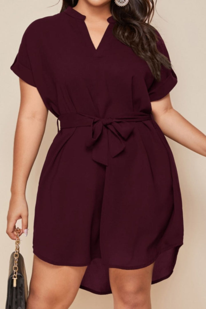 Plus Size Notched Tie Waist Mini Dress | Trendsi