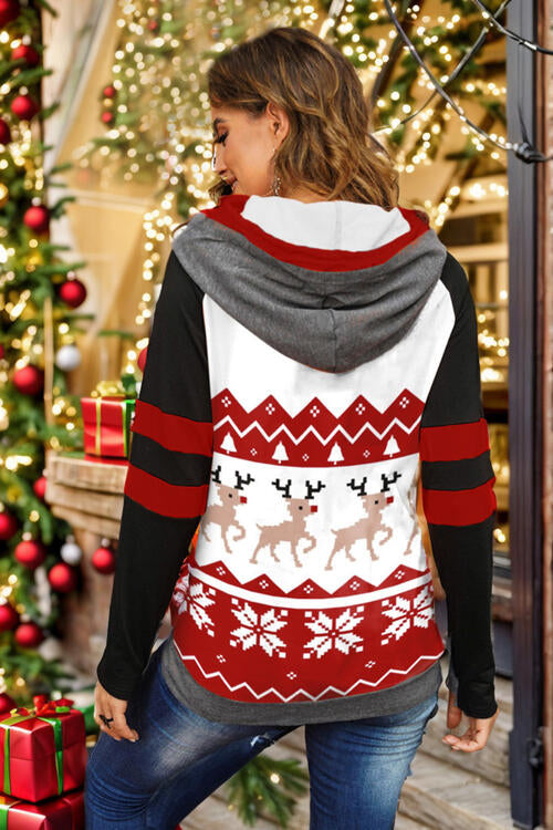 Double Take Full Size Christmas Drawstring Long Sleeve Hoodie | 1mrk.com